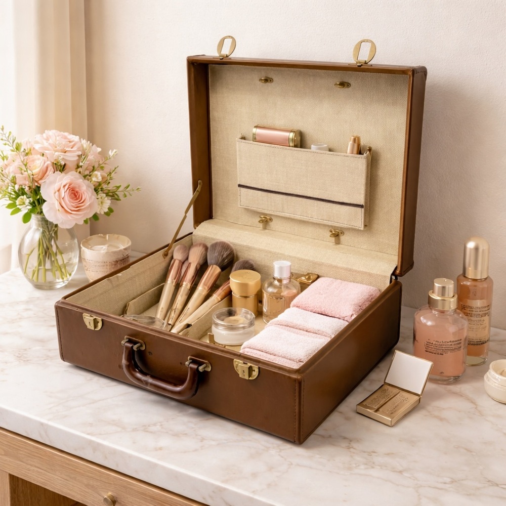 Vintage 1950s Train Case Cognac Faux Leather Storage Decor Suitcase